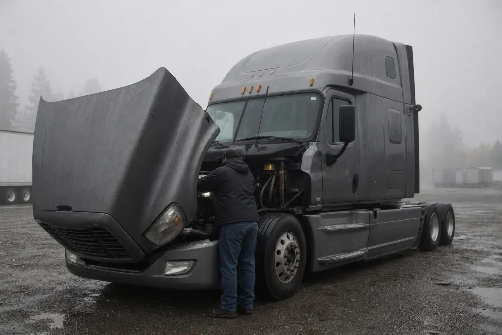 Driver inspecting the open hood of a semi truck on a fall morning