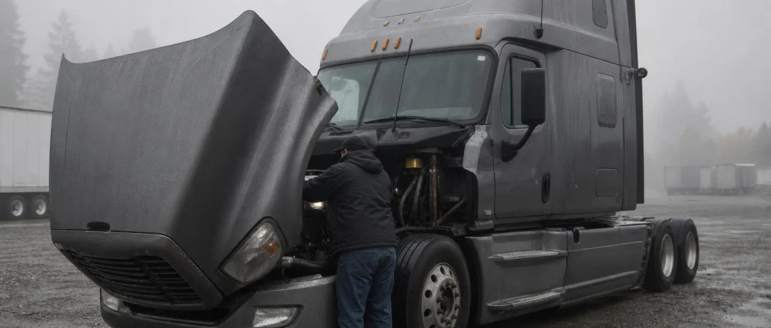 Driver inspecting the open hood of a semi truck on a fall morning
