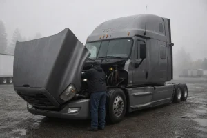 Driver inspecting the open hood of a semi truck on a fall morning