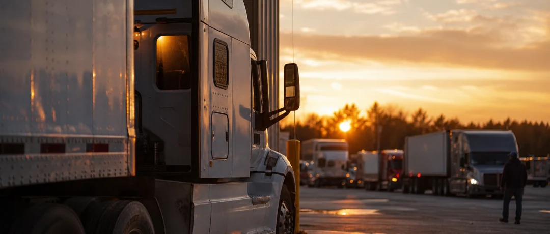 Semi truck waiting at a distribution center lot at dusk with sleeper cab light on