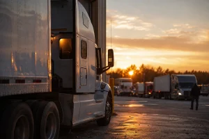 Semi truck waiting at a distribution center lot at dusk with sleeper cab light on