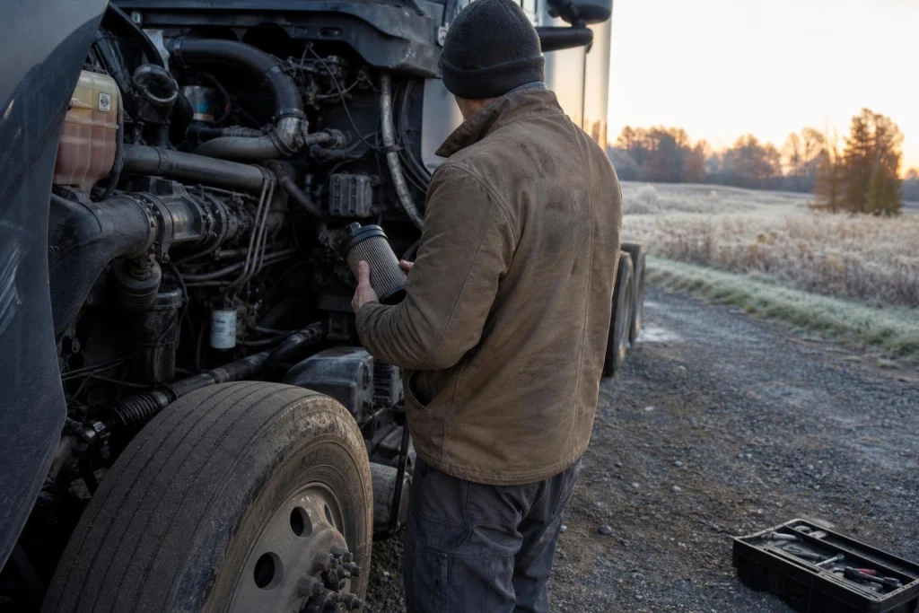 Driver checking the fuel filter on an open-hood semi truck at frosty dawn