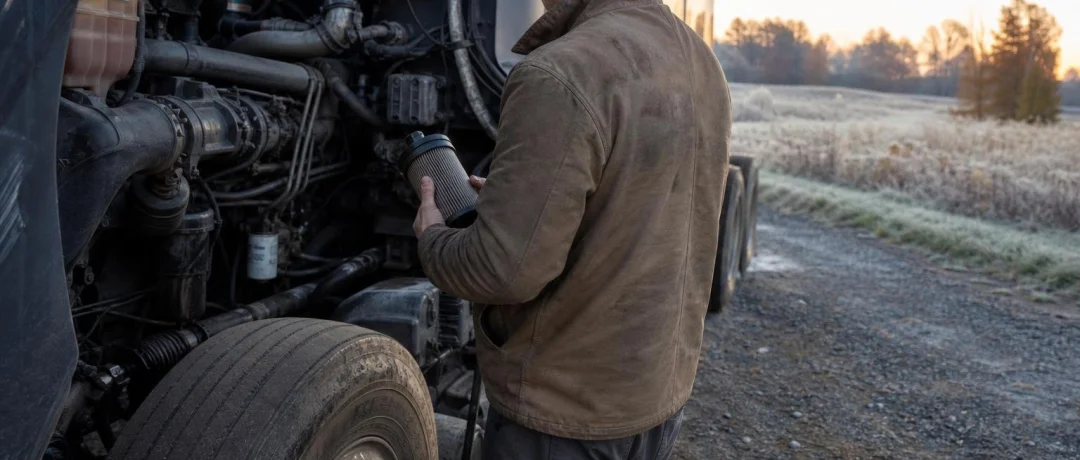 Driver checking the fuel filter on an open-hood semi truck at frosty dawn