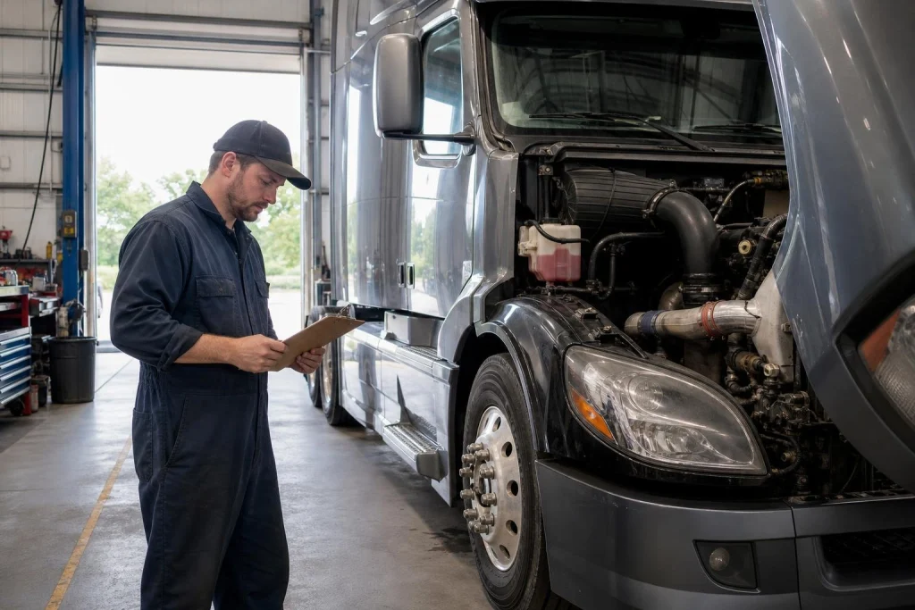 Mechanic checking paperwork next to a semi truck in a repair shop