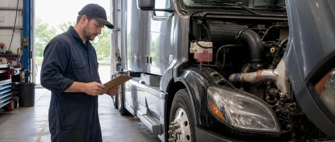 Mechanic checking paperwork next to a semi truck in a repair shop