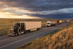 Line of semi trucks on an interstate across the plains at sunrise under dark storm clouds