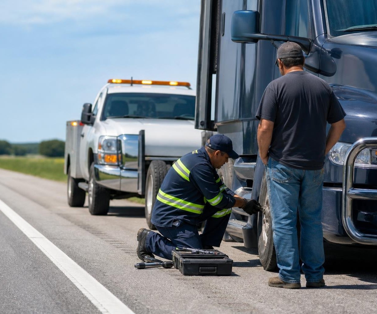 Roadside assistance technician servicing a semi truck tire on a highway shoulder